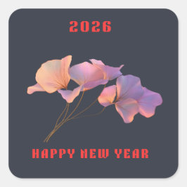 Adesivo Quadrado Feliz Ano Novo 2026 Ilustração Flor de Lótus Rosa