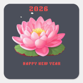 Adesivo Quadrado Feliz Ano Novo 2026 Ilustração Flor de Lótus Rosa