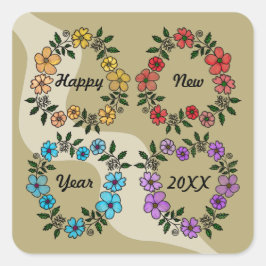 ADESIVO QUADRADO FELIZ ANO NOVO 20XX PERSONALIZADO E FLOWERS WREATH