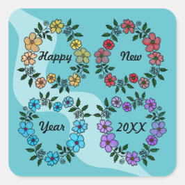 ADESIVO QUADRADO FELIZ ANO NOVO 20XX PERSONALIZADO E FLOWERS WREATH