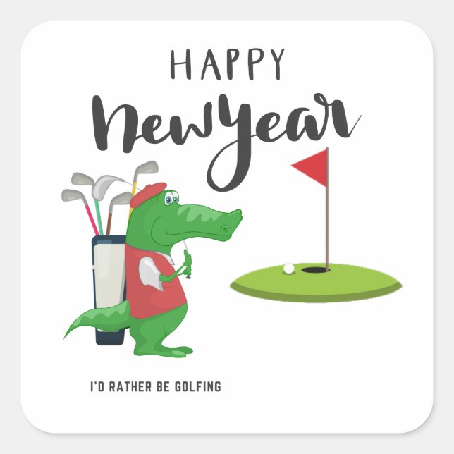 Adesivo Quadrado Feliz ano novo de golfe com golfe de crocodilo (Frente)