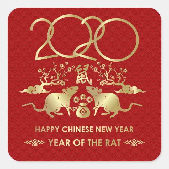 Adesivo Quadrado Feliz ano novo do Rato - 2020 (Frente)