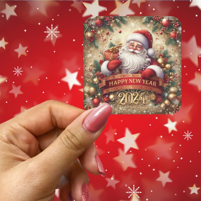 Adesivo Quadrado Feliz ano novo Santa Claus (Santa Claus Happy New Year Square Sticker)