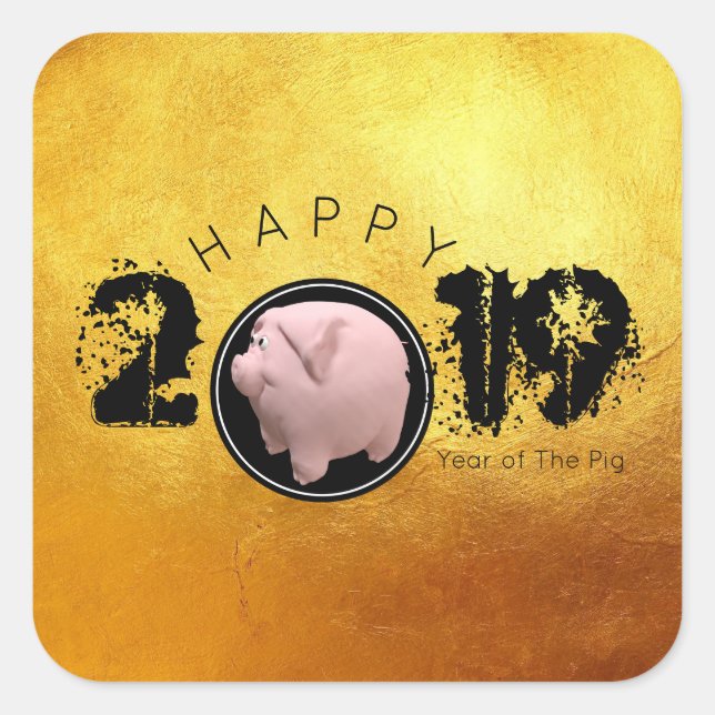 Adesivo Quadrado Feliz Ano PIg 2019 ouro quadrado S 3D Original (Frente)
