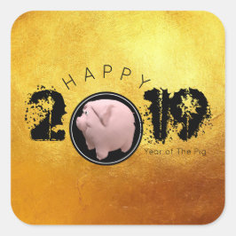 Adesivo Quadrado Feliz Ano PIg 2019 ouro quadrado S 3D Original
