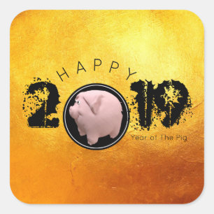 Adesivo Quadrado Feliz Ano PIg 2019 ouro quadrado S 3D Original