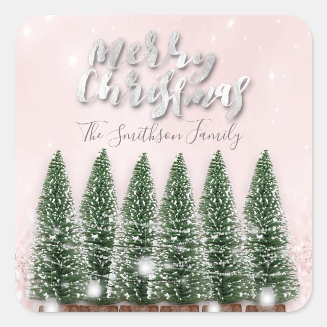 Adesivo Quadrado Feliz Árvores de Natal Luz Rosa Nome da Largura (Frente)