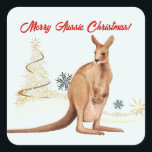 Adesivo Quadrado Feliz Aussie Christmas Kangaroo<br><div class="desc">Um Natal Aussie Feliz com canguru nativo australiano com seu bebê joey</div>