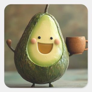 Adesivo Quadrado Feliz Avocado Aproveitando uma Taça de Chá