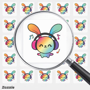 Adesivo Quadrado Feliz Bunny com fones de ouvido ouvindo música.