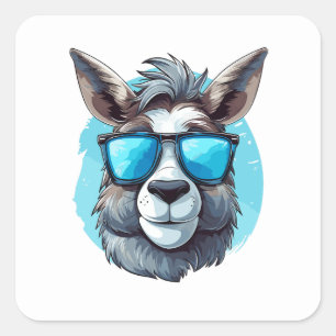 Adesivo Quadrado Feliz burro com óculos escuros num fundo azul