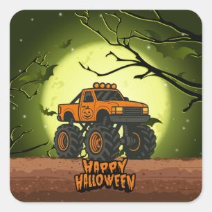 Adesivo Quadrado Feliz Caminhão do Monstro das Halloween com morceg