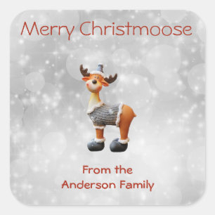 Adesivo Quadrado Feliz Christmoose usando um chapéu