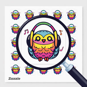 Adesivo Quadrado Feliz coruja com fones de ouvido ouvindo música.