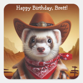 Adesivo Quadrado Feliz Cowboy Ferret Western Style Aniversário