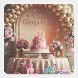 Adesivo Quadrado “Feliz Cumpleaños” Elegant Pink & Gold Birthday