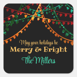 Adesivo Quadrado Feliz de Luzes de Natal Coloridas Personalizadas