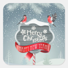 Adesivo Quadrado Feliz de Natal branco e Feliz ano novo com aves