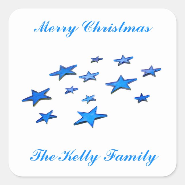 Adesivo Quadrado Feliz decoração de estrelas azuis de Natal com tex (Frente)