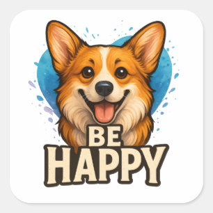 Adesivo Quadrado Feliz Design de Amante de Cão Corgi Fofo para Posi