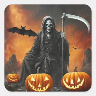 Adesivo Quadrado Feliz Dia das Bruxas - Caçador Grim Caiu Pumpkin
