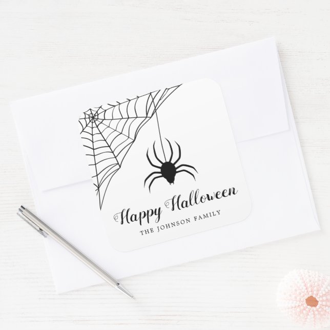 Adesivo Quadrado Feliz Dia das Bruxas de Aranha Negra (Envelope)