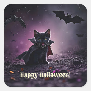 Adesivo Quadrado Feliz Dia das Bruxas Gato Preto Vampiro Fofo