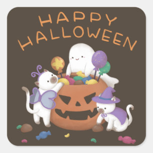 Adesivo Quadrado Feliz Dia das Bruxas: Gatos e Fantasmas
