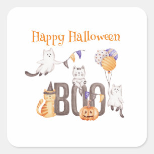 Adesivo Quadrado Feliz Dia das Bruxas KITTENS E BOO CUTOS