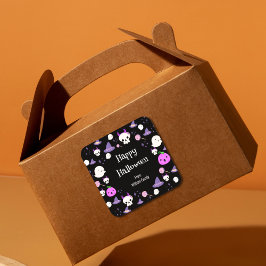 Adesivo Quadrado Feliz Dia das Bruxas, Rosa e Roxo