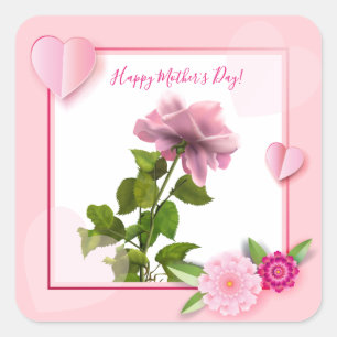 Adesivo Quadrado Feliz Dia das Mães Rosas Rosa Floral Aquarela