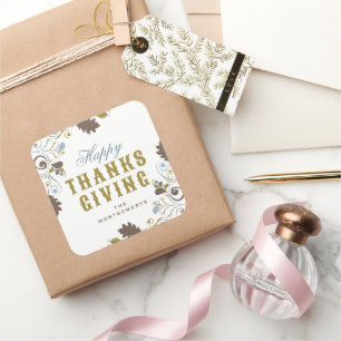 Adesivo Quadrado Feliz Dia de Ação de Graças Russo Folhas de Outono