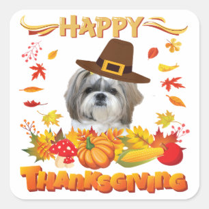 Adesivo Quadrado Feliz Dia de Ação de Graças Shih Tzu Estou agrad