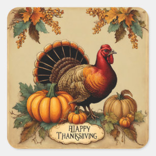 Adesivo Quadrado Feliz Dia de Ação de Graças Vintage Turquia, Pumpk