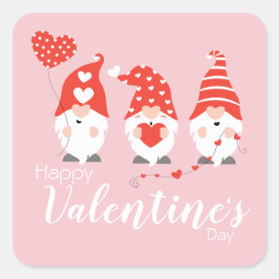 Adesivo Quadrado Feliz Dia dos Namorados Gnomos Vermelho Rosa