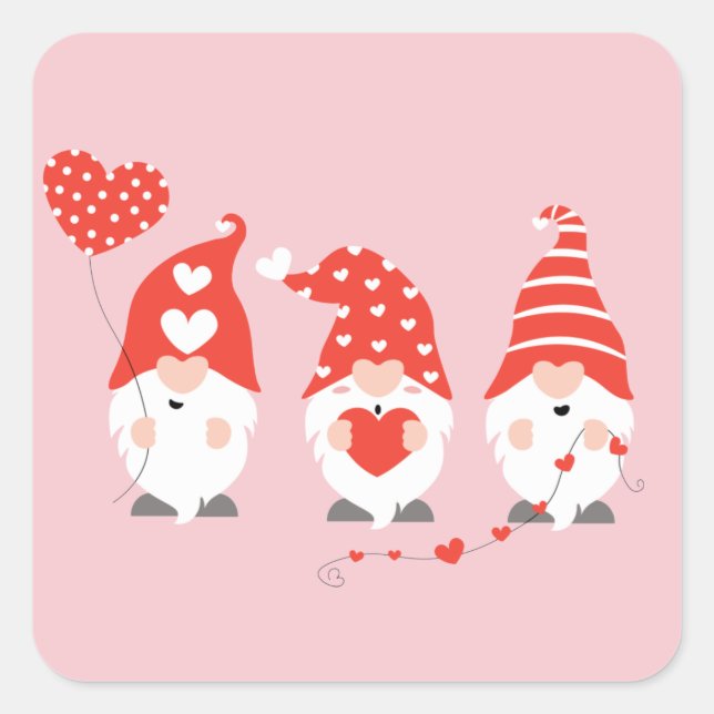 Adesivo Quadrado Feliz Dia dos Namorados Gnomos Vermelho Rosa (Frente)