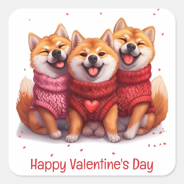 Adesivo Quadrado Feliz Dia dos Namorados Shiba Inu Cães (Frente)