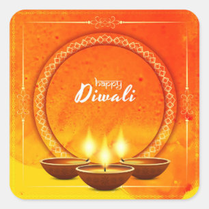 Adesivo Quadrado Feliz Diwali Diya Yellow Orange Saudação