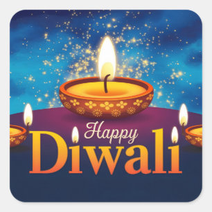 Adesivo Quadrado Feliz Diwali Glowi Diya Festival de Luz