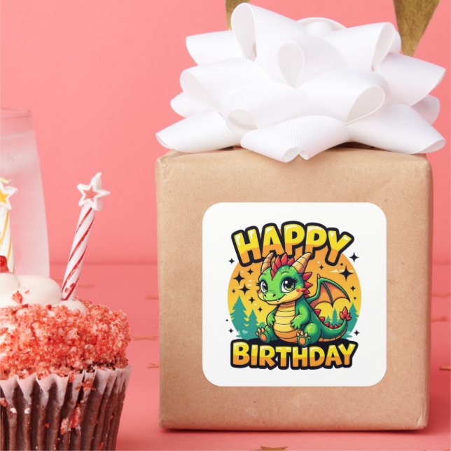 Adesivo Quadrado Feliz Dragão de Aniversário (Festa)