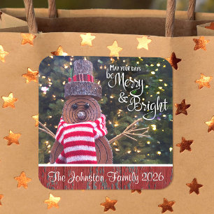 Adesivo Quadrado Feliz e Bright Rustic Snowman Nome Personalizado