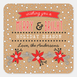 Adesivo Quadrado Feliz e Natal Brilhante. Floral Garland Stickers