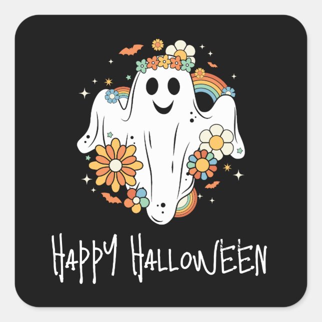 Adesivo Quadrado Feliz Fantasma Retro Hippie Vibe Halloween (Frente)