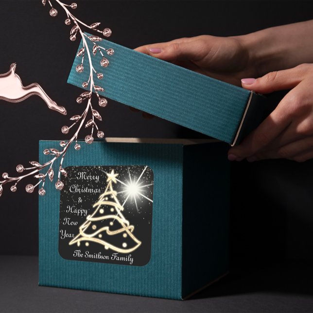 Adesivo Quadrado Feliz Feliz ano novo de Árvore de Natal Dourado Pr (Merry Christmas Tree Happy New Year Gold Black Square Sticker)