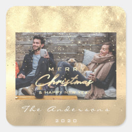 Adesivo Quadrado Feliz Feliz ano novo de Natal Foto Dourada Faux