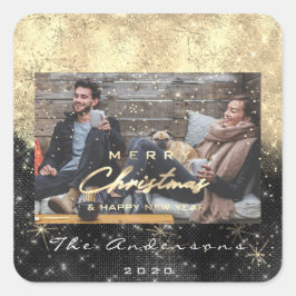 Adesivo Quadrado Feliz Feliz ano novo de Natal Foto Dourada Preta