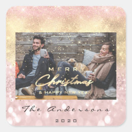 Adesivo Quadrado Feliz Feliz ano novo de Natal Foto Dourada Rosa