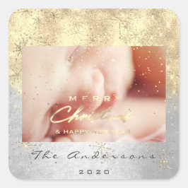 Adesivo Quadrado Feliz Feliz ano novo de Natal Foto Dourada Silver