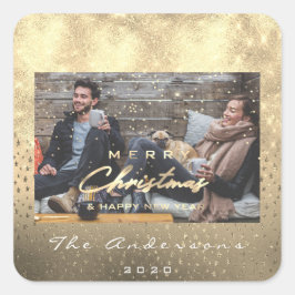 Adesivo Quadrado Feliz Feliz ano novo de Natal Stars Foto Dourada