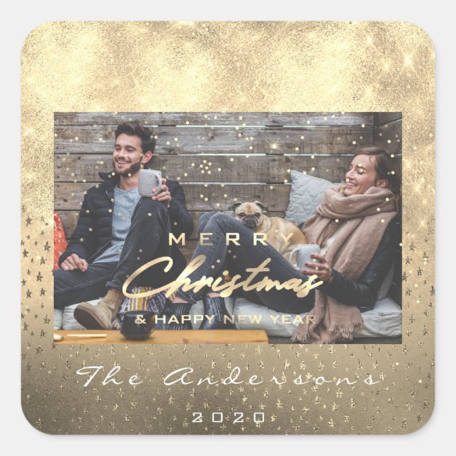 Adesivo Quadrado Feliz Feliz ano novo de Natal Stars Foto Dourada (Frente)